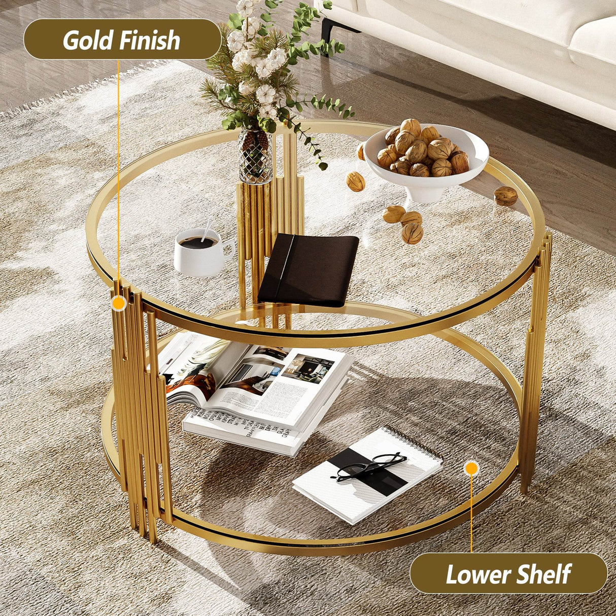 Modern Round Tempered Glass Coffee Table With Shelf - Sleep Galleria