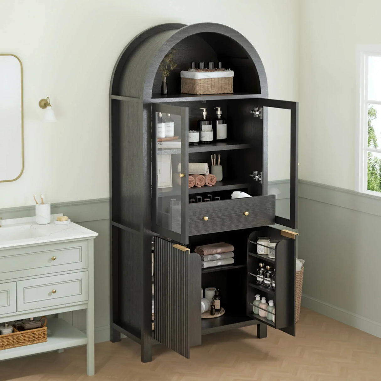 Modern Fluted Tall Arched Adjustable Shelf Pantry Cabinet - Omega Lifestyles
