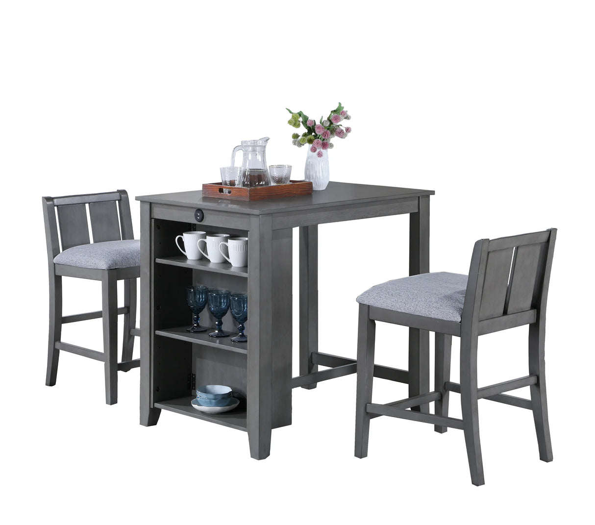 Graham 3-Piece Gray Wood Fabric Dining Table Set - Omega Lifestyles