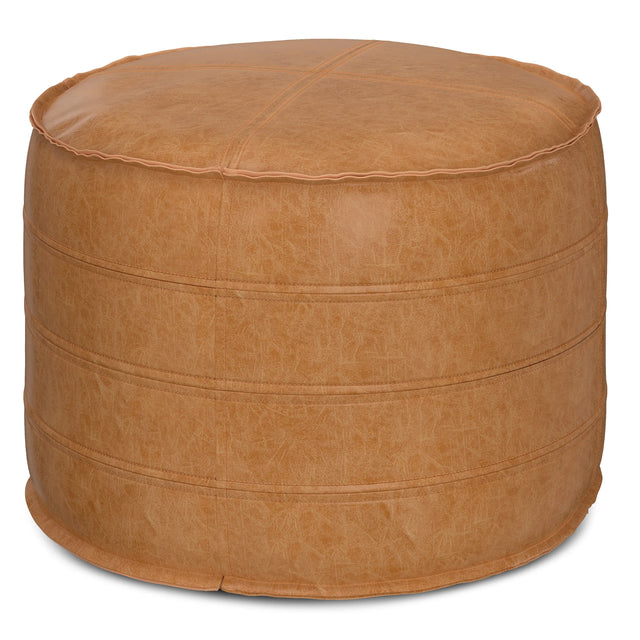 Distressed Brown Vegan Faux Leather Round Pouf - Omega Lifestyles