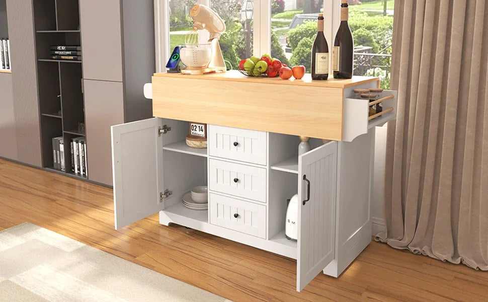 Folding Kitchen Island Cart With Power Outlet and Storage - Omega Lifestyles