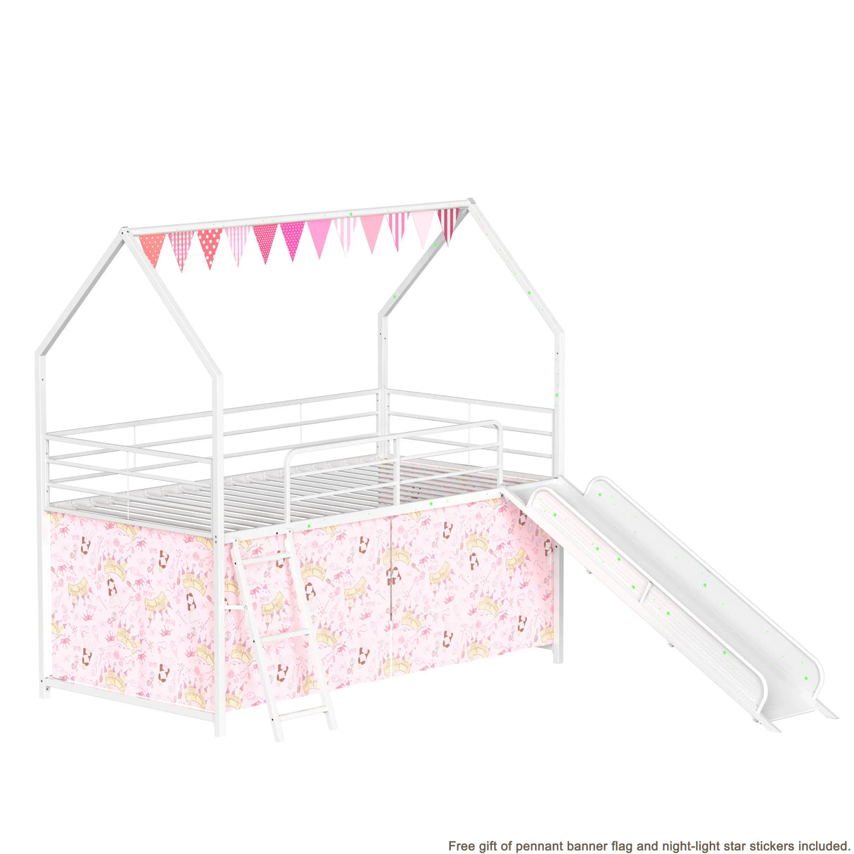 Twin Metal Junior House Bunk Bed With Slide and Curtain - Omega Lifestyles