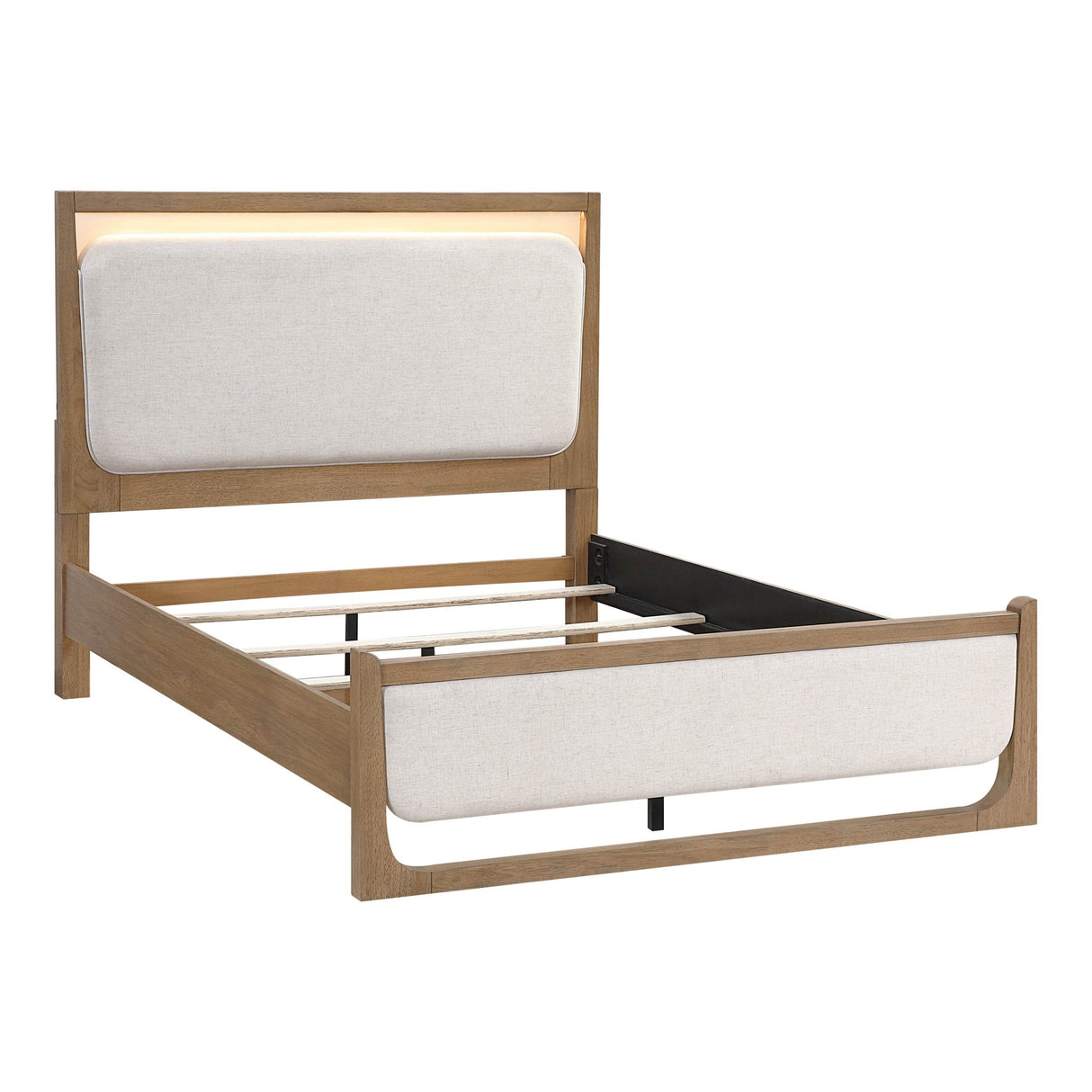 Contemporary Light Brown Wood Upholstered LED Bed Frame - Omega Lifestyles