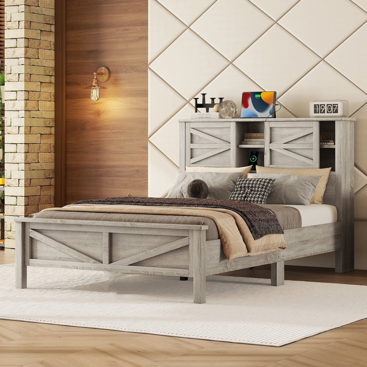 Full Platform Bed With Double Sliding Barn Door Charging Station