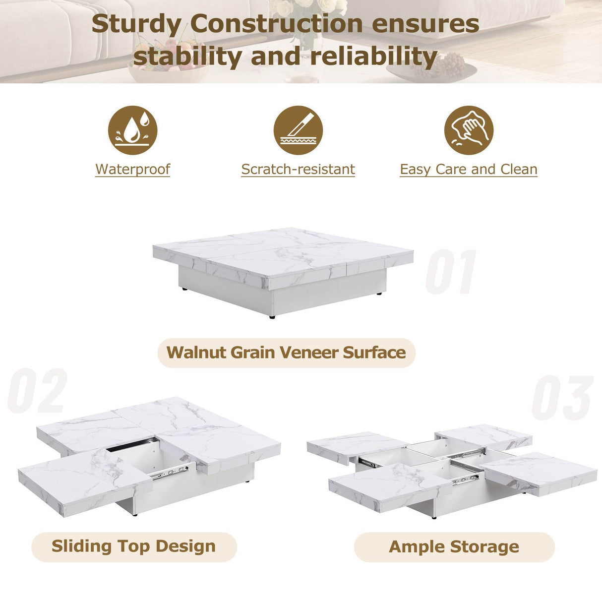 Square Marble Veneer Sliding Top Storage Coffee Table - Sleep Galleria