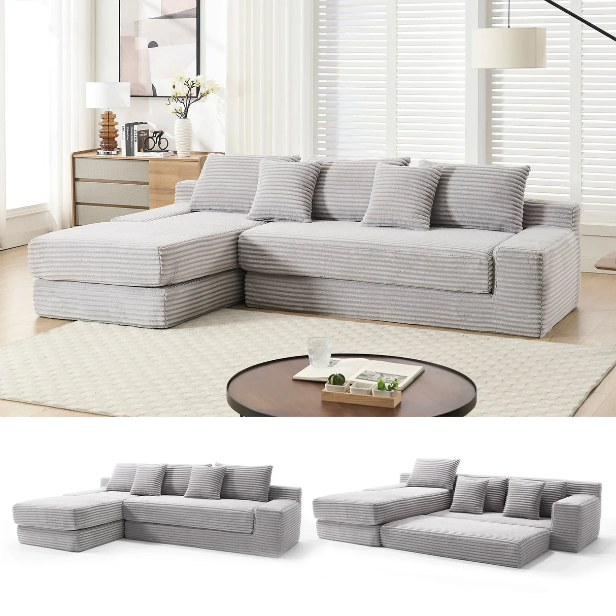 Modern L-Shaped Memory Foam Sectional Sofa With Corduroy - Omega Lifestyles