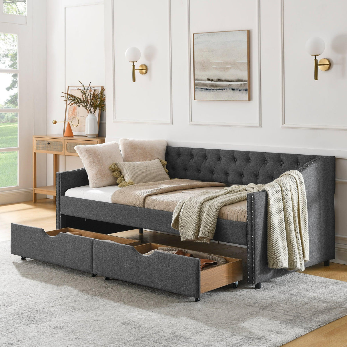 Twin Upholstered Tufted Daybed With Storage Drawers - Omega Lifestyles