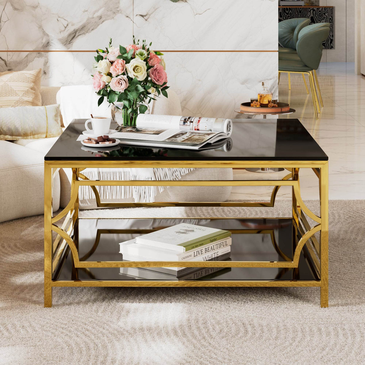 Modern Square Glass Coffee Table With Gold Metal Frame - Sleep Galleria