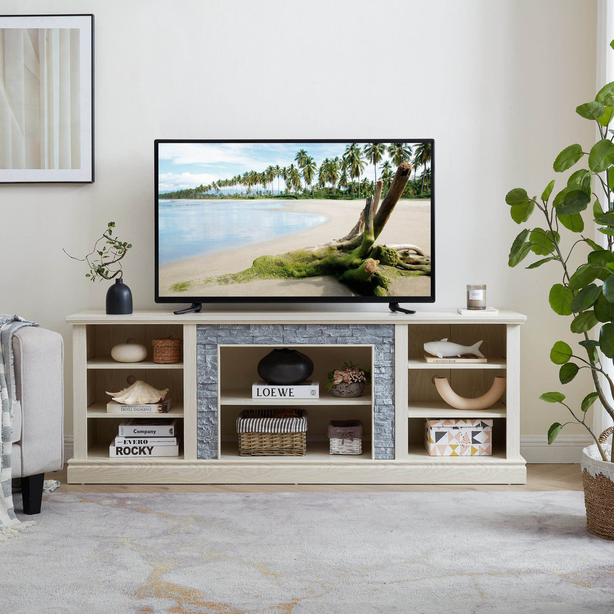 White MDF Large TV Stand With Storage Cabinet - Sleep Galleria