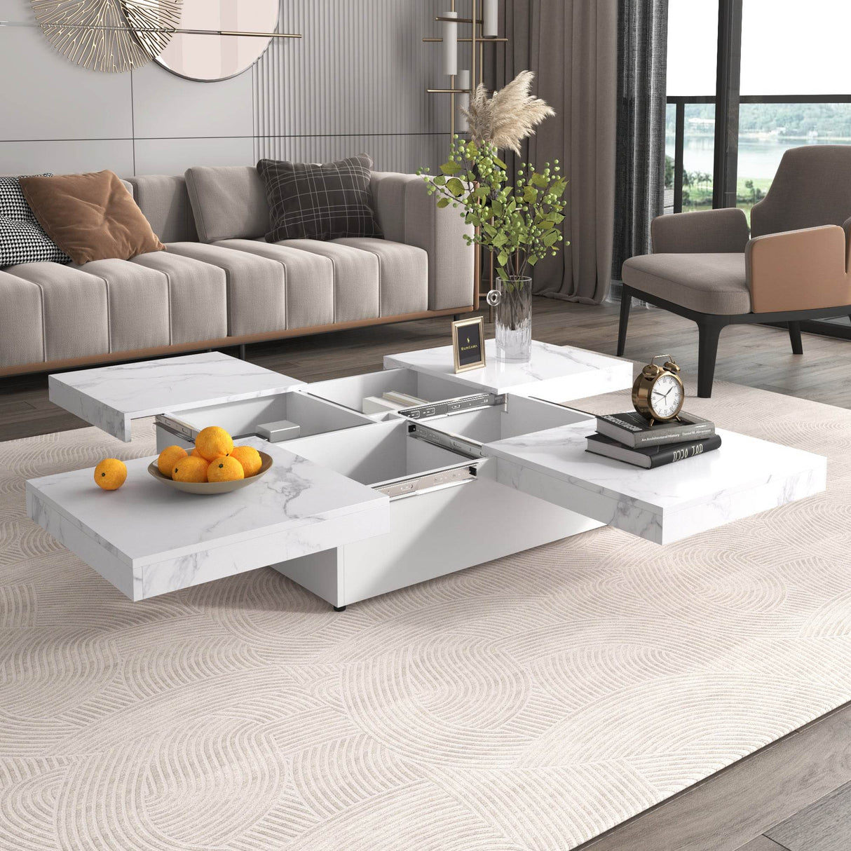 Square Marble Veneer Sliding Top Storage Coffee Table - Sleep Galleria