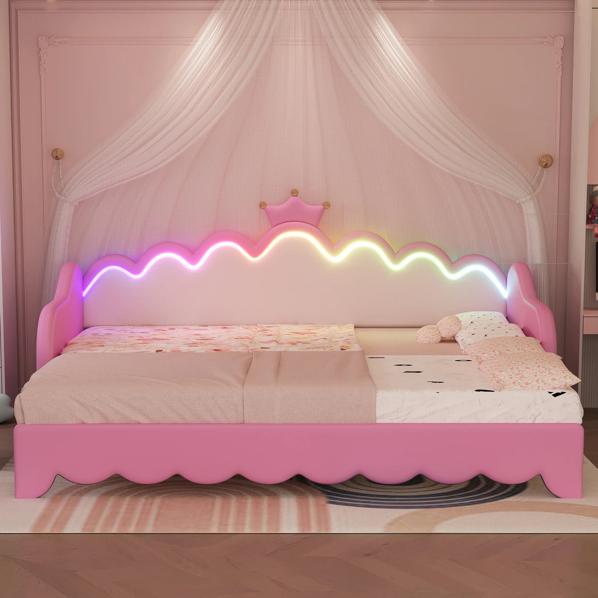Twin Upholstered Extendable Daybed With Crown Headboard And LED Lights - Omega Lifestyles