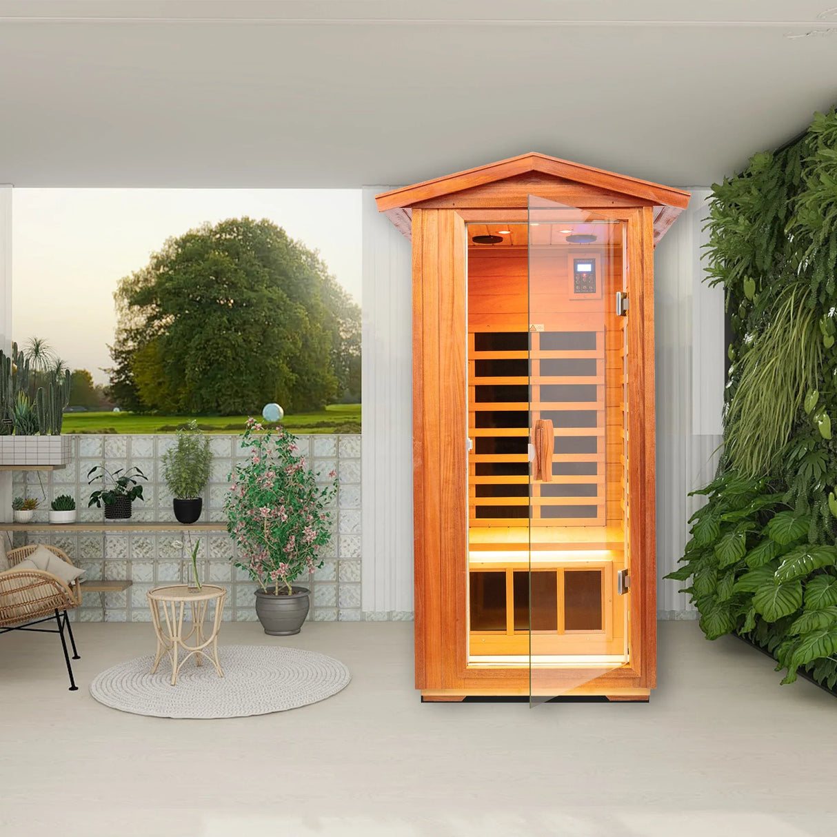 Far Infrared Khaya Wood Outdoor Sauna Room - Omega Lifestyles