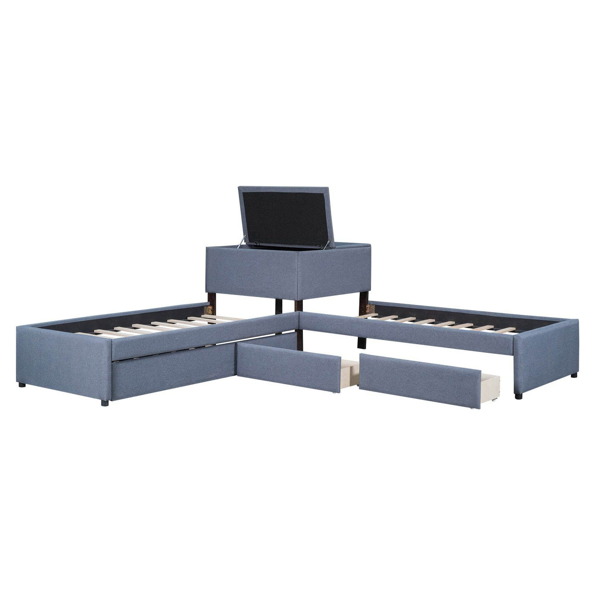 L-Shaped Upholstered Twin Platform Bed With Trundle Desk - Omega Lifestyles