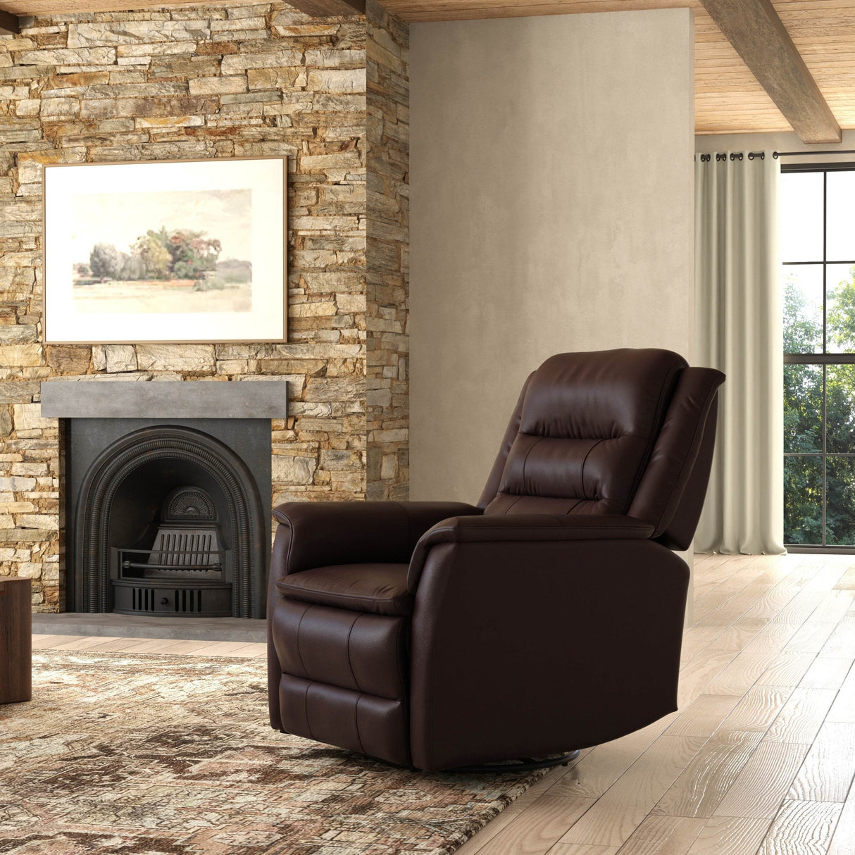 Swivel Glider Recliner With Manual Footrest And Leather Upholstery