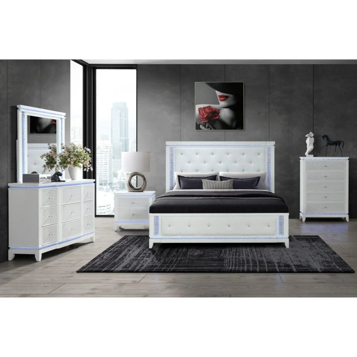 King Contemporary White Tufted Panel Bed Frame With LED Lights - Omega Lifestyles