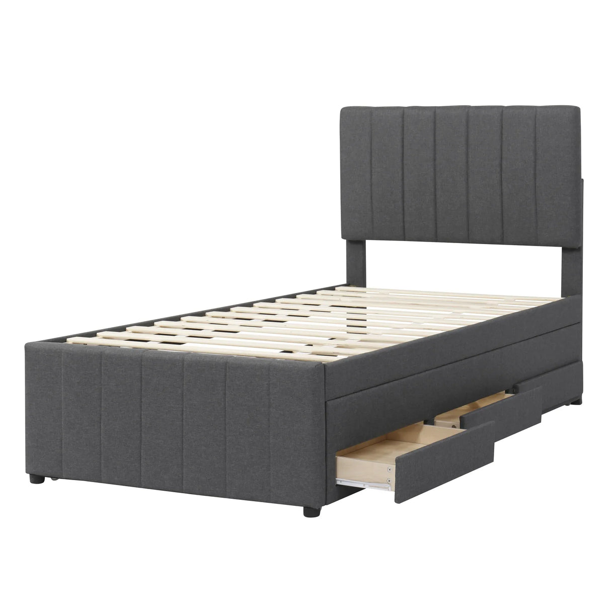 Twin Upholstered Linen Platform Bed With Trundle And Drawers - Omega Lifestyles