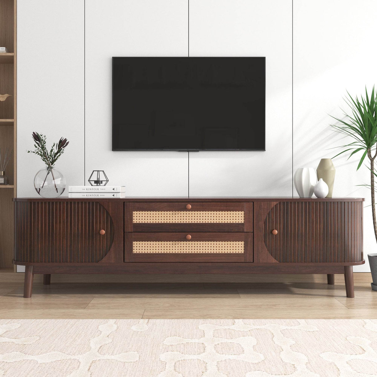 Modern Farmhouse Rattan TV Stand With Storage Cabinet - Sleep Galleria
