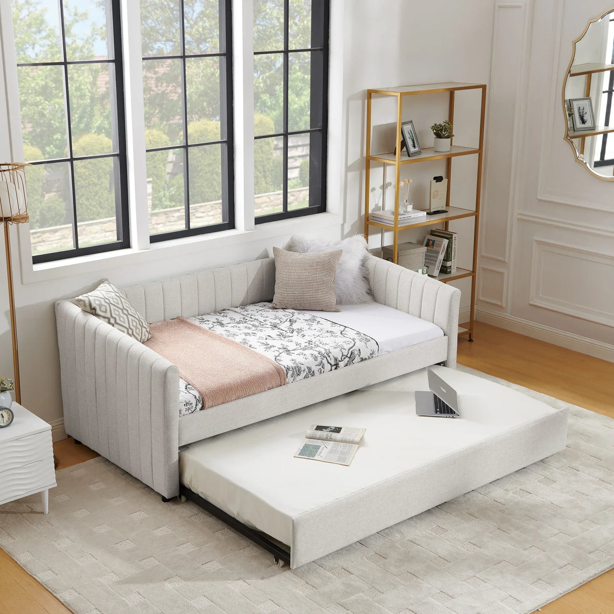 Twin Upholstered Linen Daybed With Functional Trundle - Omega Lifestyles