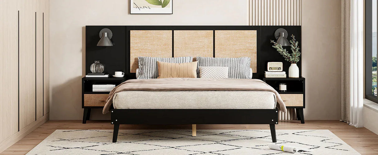 Queen Solid Wood Platform Bed Frame With Nightstands And Lamps - Omega Lifestyles