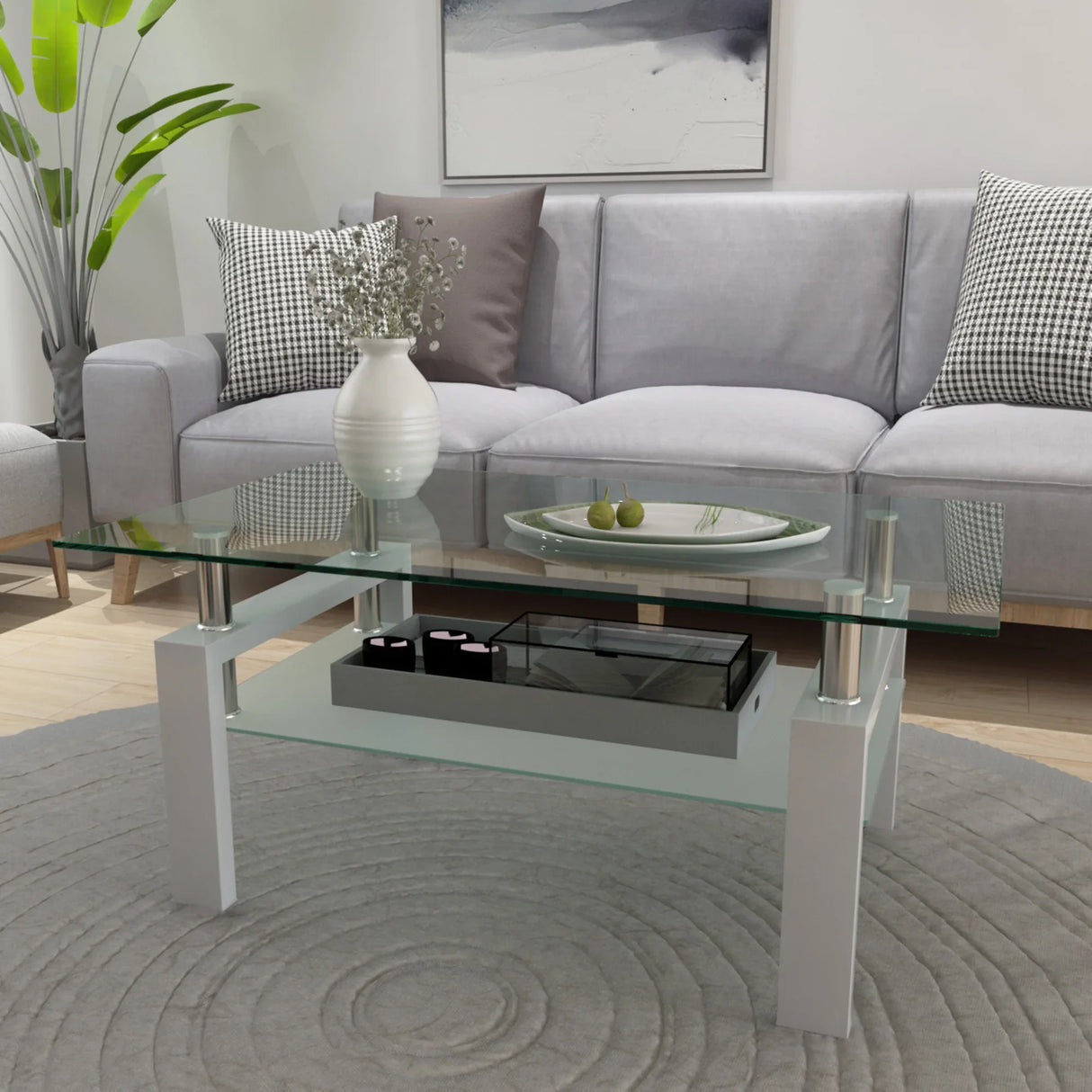 Modern Rectangle Glass Coffee Table With Double Storage - Omega Lifestyles