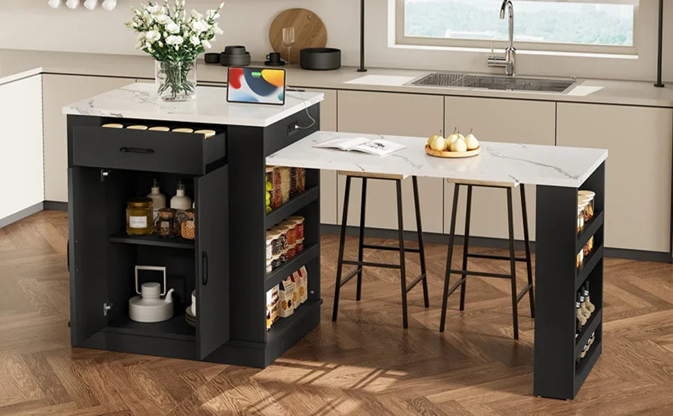 Extendable Black Kitchen Island With Storage Cabinet - Omega Lifestyles