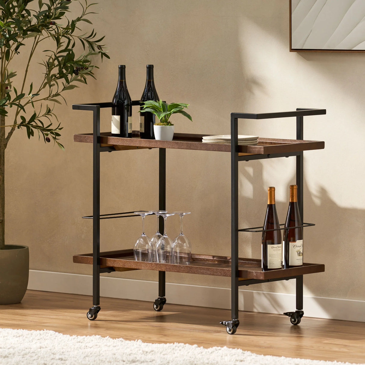 Modern Industrial Walnut Wood Rolling Bar Cart - Omega Lifestyles