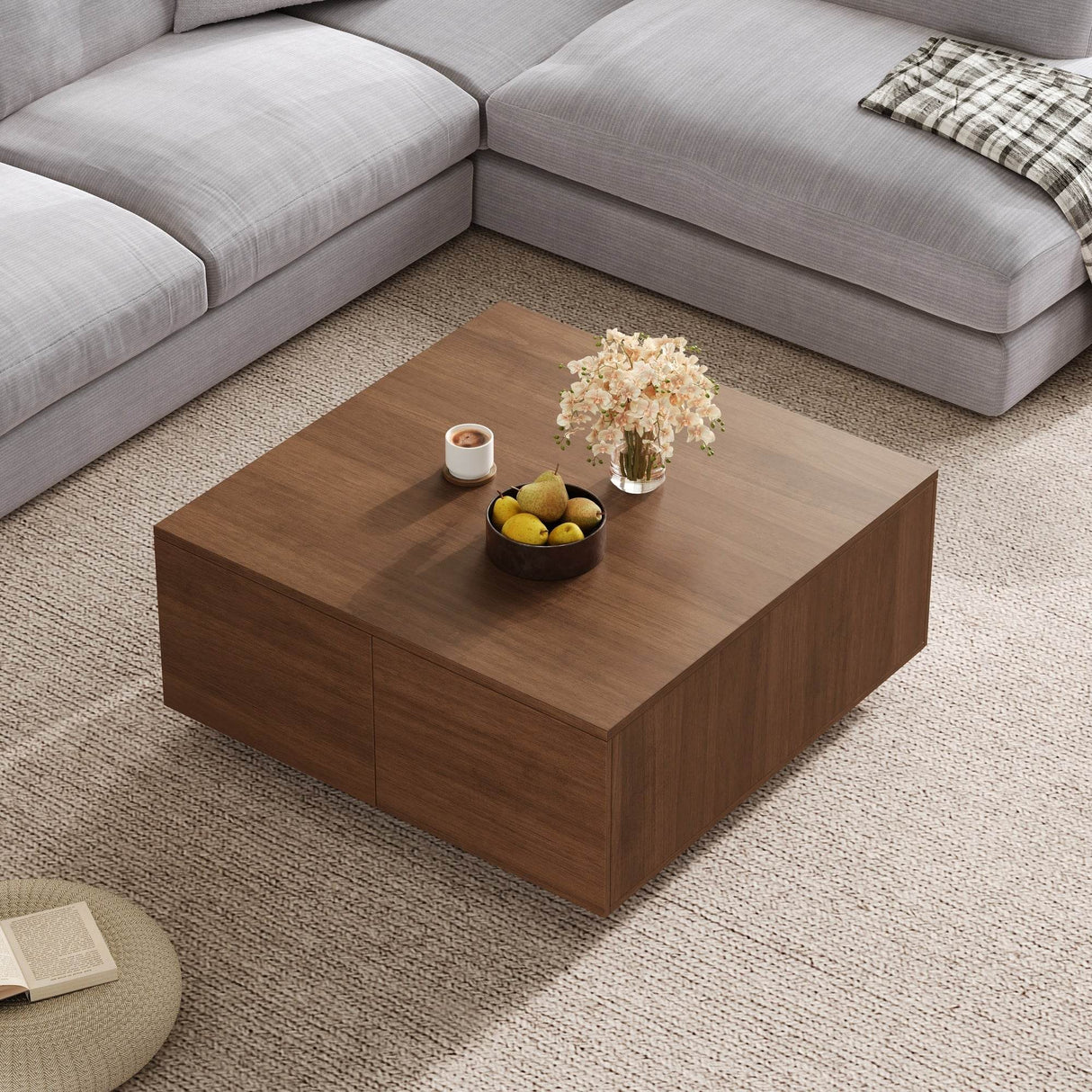Modern Walnut Square Coffee Table With Four Drawers - Sleep Galleria