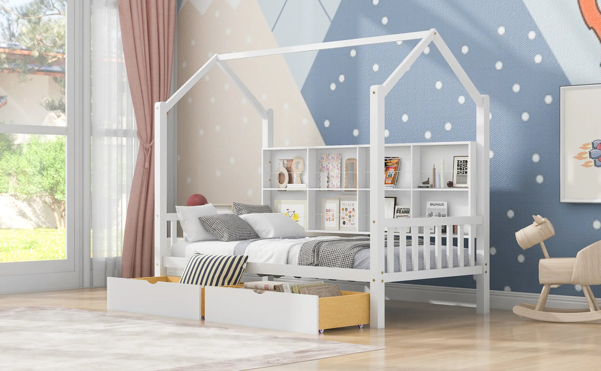 Twin Solid Wood Kids House Bed With Storage Drawers - Omega Lifestyles