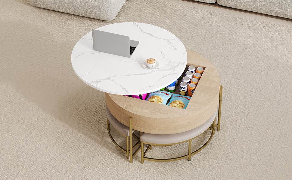 Modern Round Lift-Top Coffee Table With Storage And Ottomans - Sleep Galleria