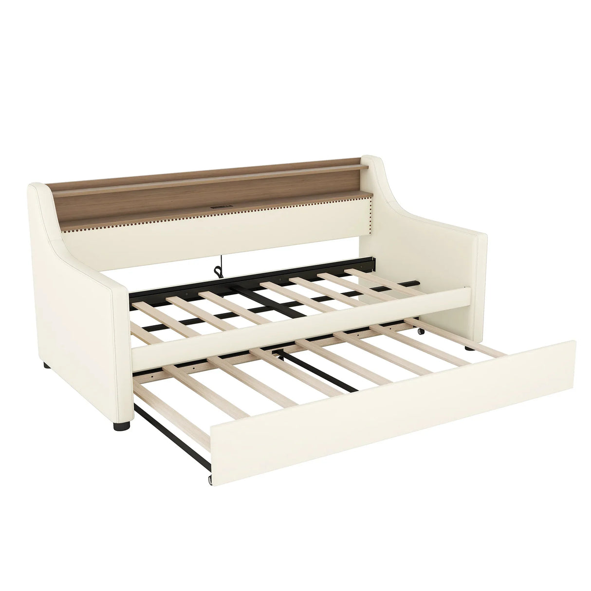 Twin Leather Upholstered Daybed With Trundle Charging Station - Omega Lifestyles