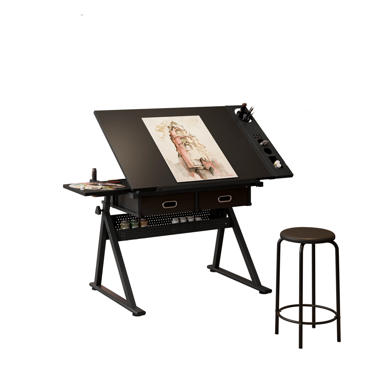 Adjustable Tilting Drawing Desk With Storage Drawers And Stool - Omega Lifestyles