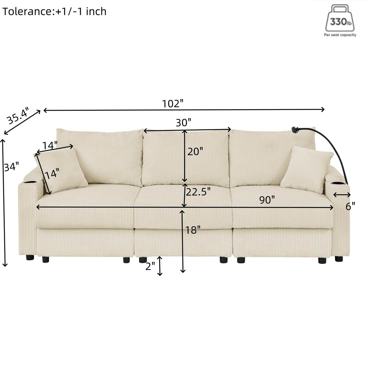 Modern Corduroy 7-Seat Armless Cushion Back Sofa Set - Omega Lifestyles
