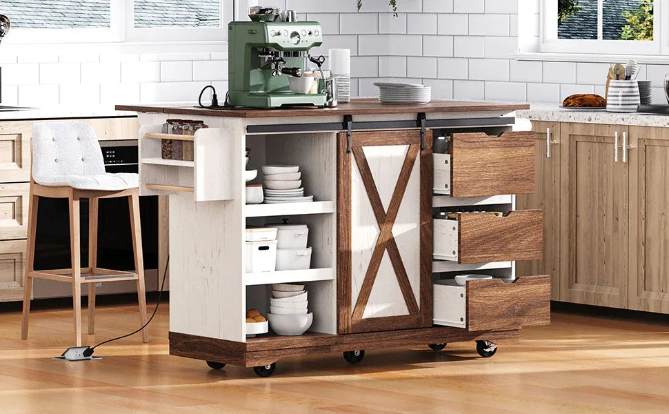 Farmhouse Sliding Barn Door Kitchen Island Cart - Omega Lifestyles