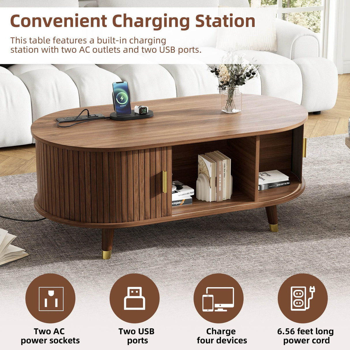 Mid-Century Modern Walnut Coffee Table With Charging Station - Sleep Galleria