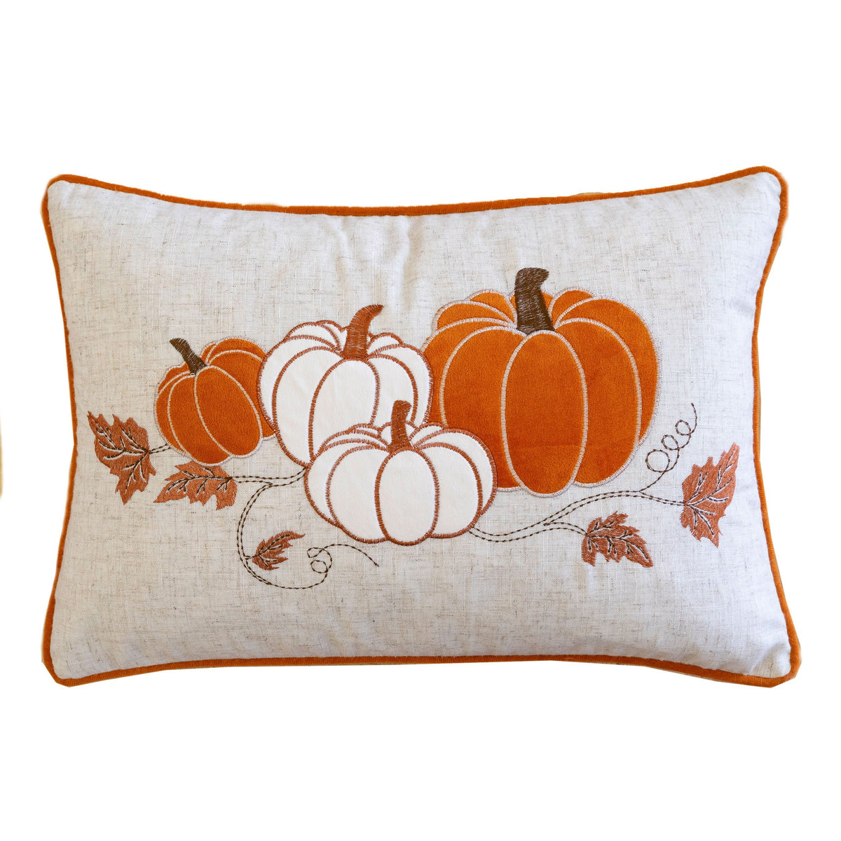Embroidered Pumpkin Rust Polyester Lumbar Throw Pillow