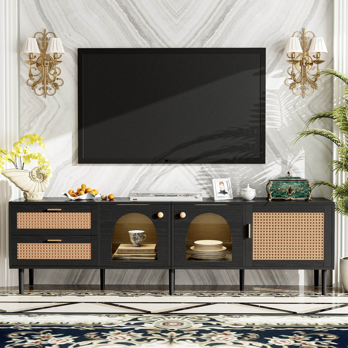 Modern Rattan-Inspired TV Stand With Storage Cabinets - Sleep Galleria