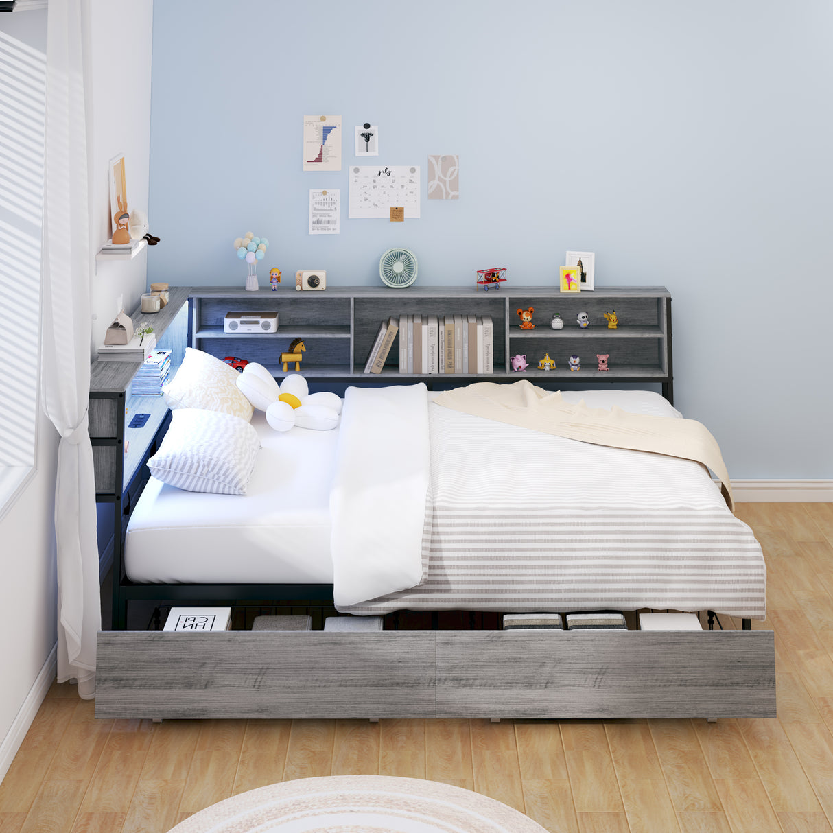 Full Gray Metal Wood Full Bed Frame With Storage