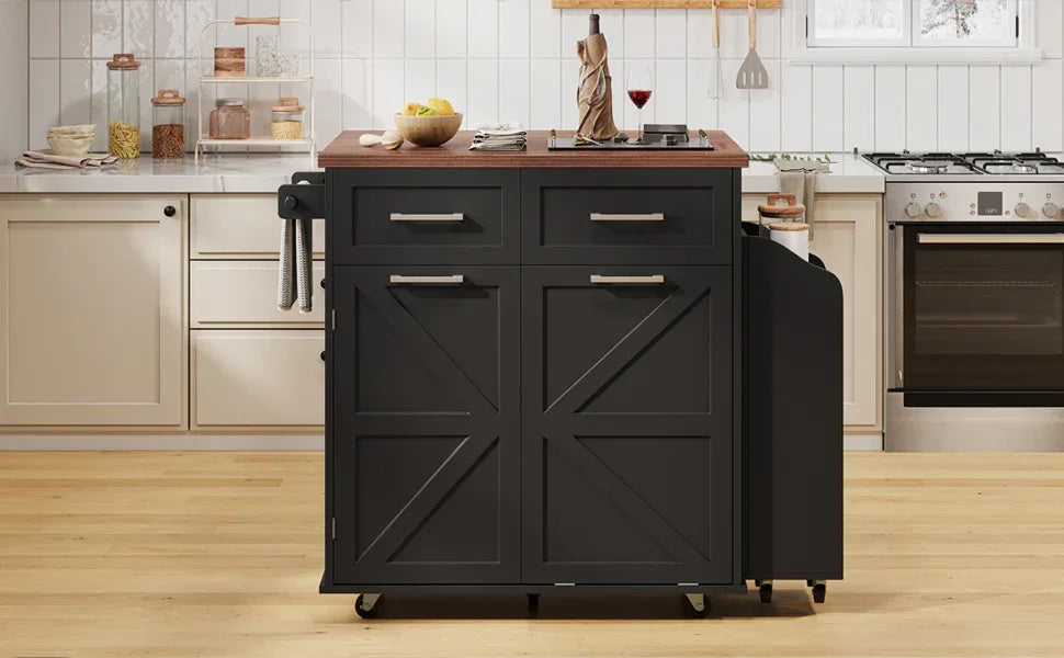 Farmhouse MDF Kitchen Island With Drop Leaf And Storage - Omega Lifestyles