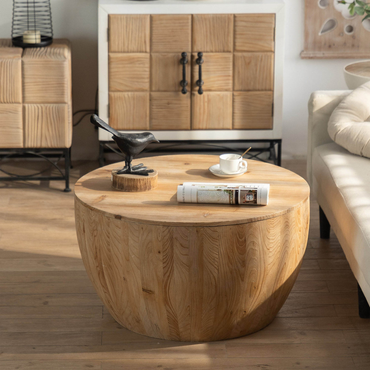 Vintage Barrel Shaped Fir Wood Storage Coffee Table - Sleep Galleria