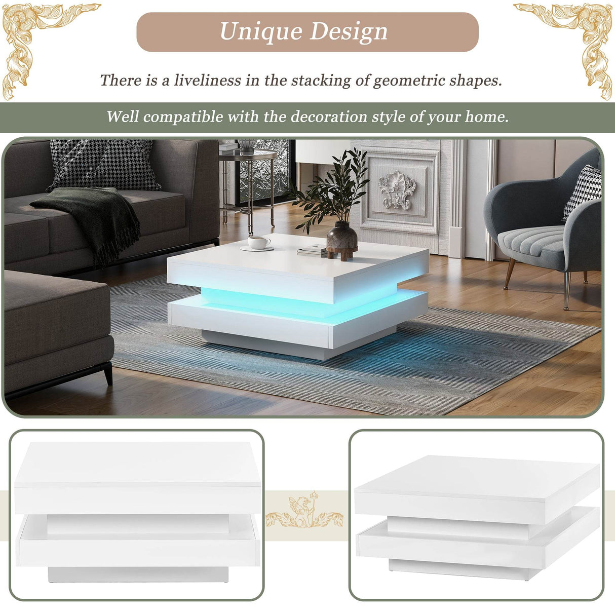 High Gloss White Particle Board Coffee Table With LED Lights - Sleep Galleria