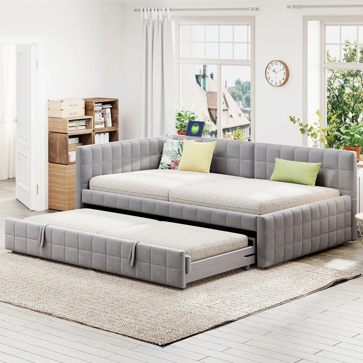 Full Upholstered L-Shaped Daybed With Twin Trundle USB Ports - Omega Lifestyles