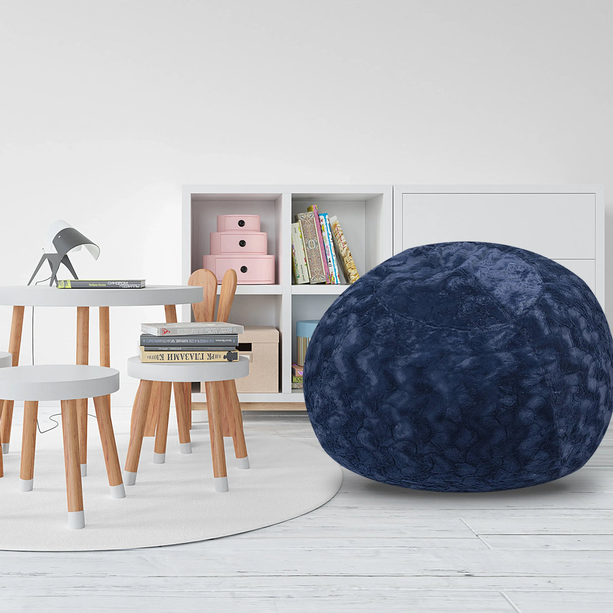 Navy Faux Fur Memory Foam Bean Bag Chair - Omega Lifestyles