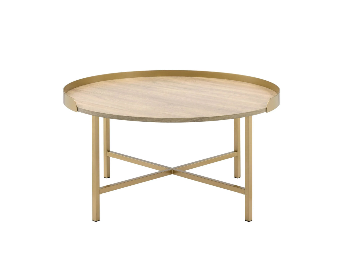 Contemporary Oak And Gold Round Tray Coffee Table - Omega Lifestyles