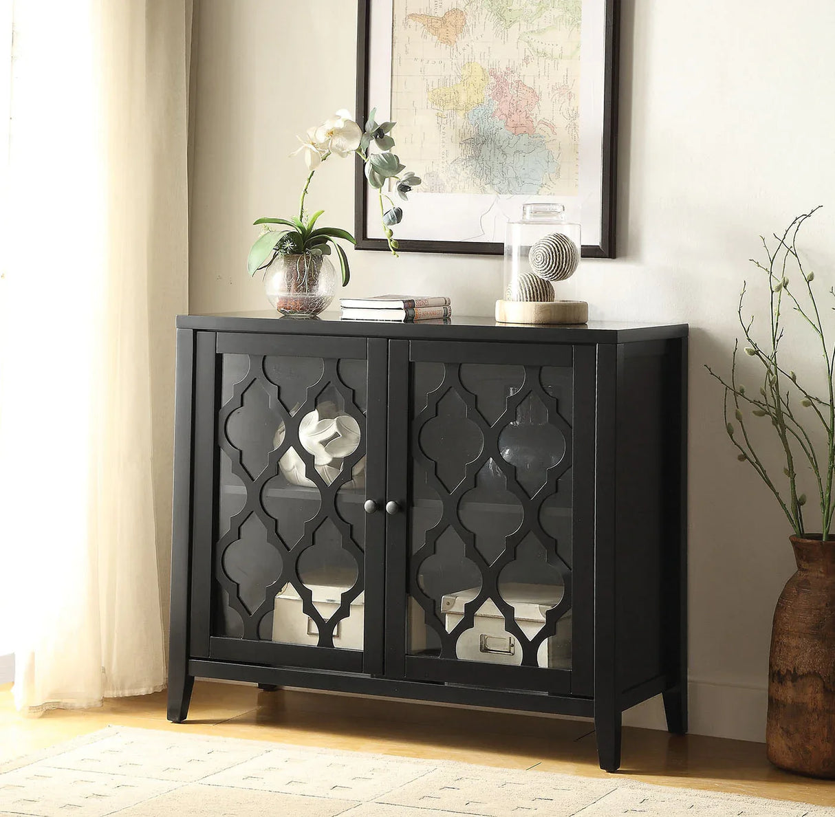 Black Synthetic Wood Console Cabinet With Glass Doors - Omega Lifestyles