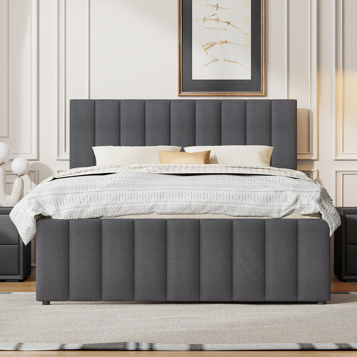 Full Size Upholstered Linen Platform Bed With Trundle Drawers - Omega Lifestyles