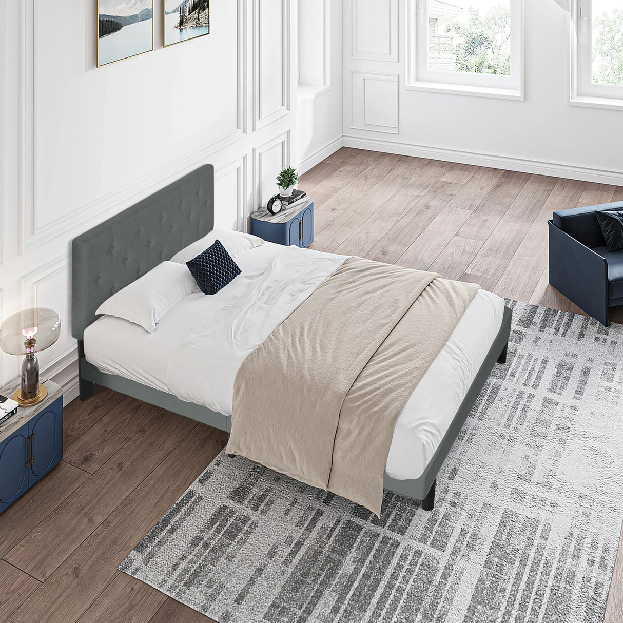 Twin Upholstered Linen Platform Bed Frame With Headboard - Omega Lifestyles