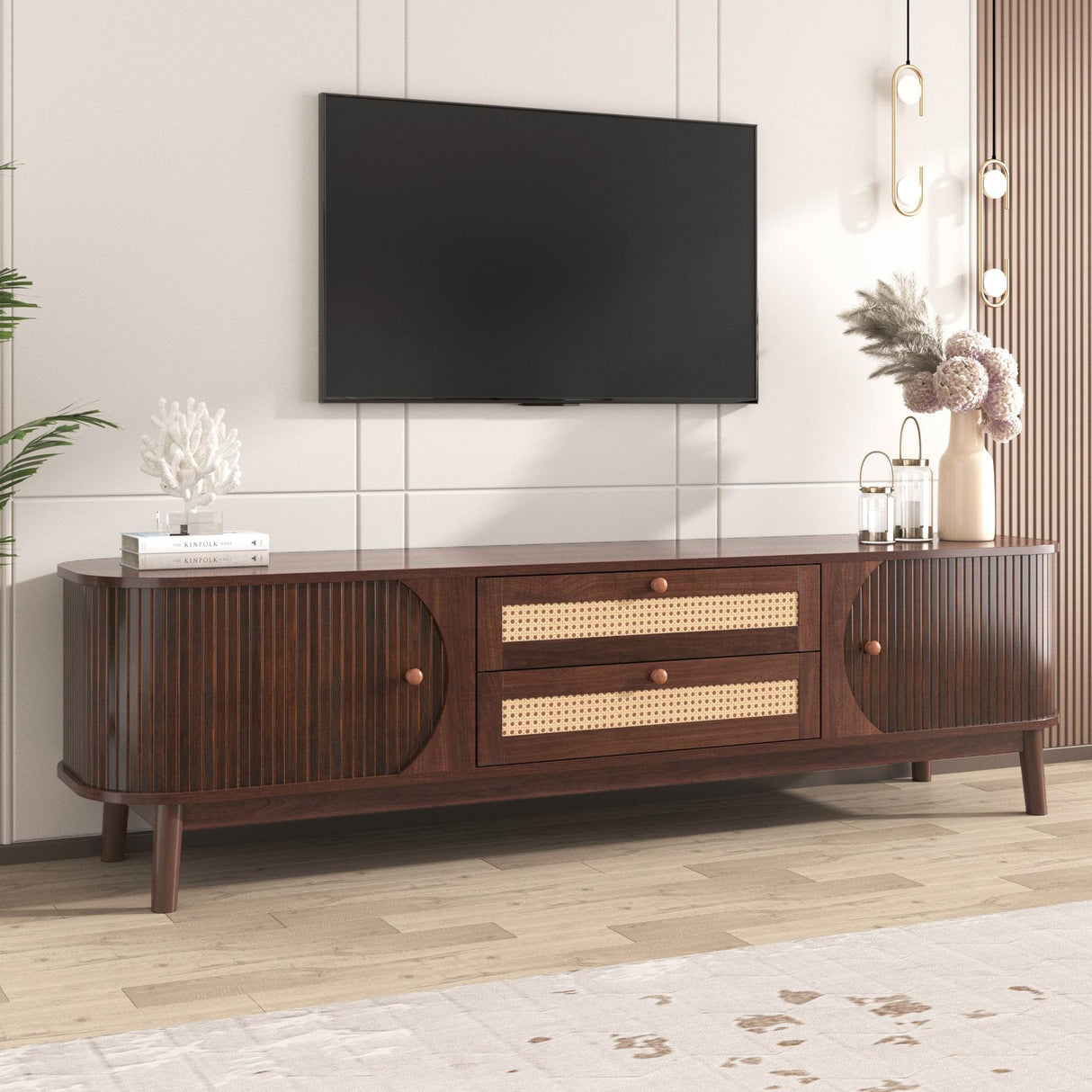 Modern Farmhouse Rattan TV Stand With Storage Cabinet - Sleep Galleria
