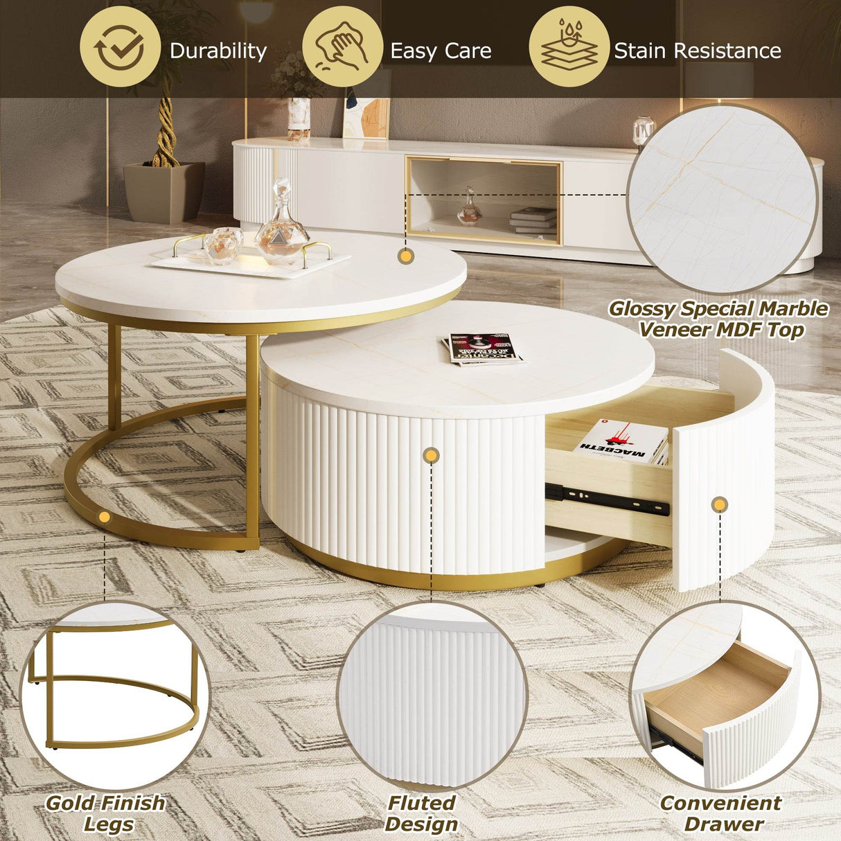 Modern Round Nesting MDF Coffee Table With Drawer - Sleep Galleria