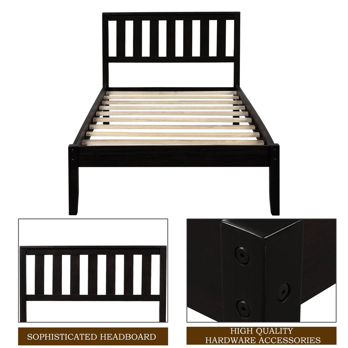 Twin Espresso Solid Wood Platform Bed With Headboard - Omega Lifestyles