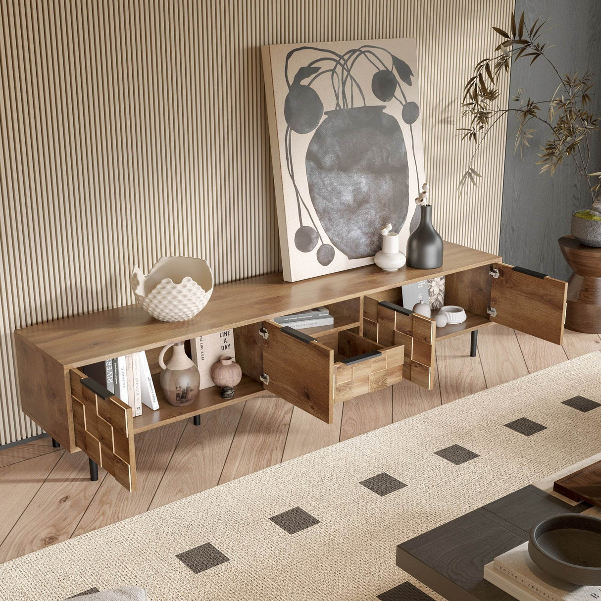 Natural Wood Checkered Pattern TV Stand With Storage - Sleep Galleria